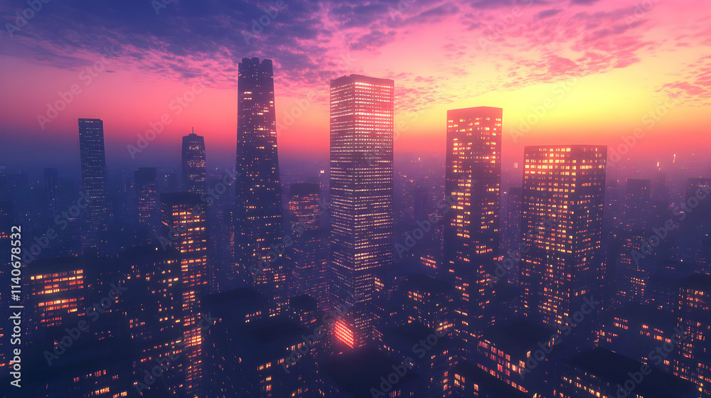 Sunset Cityscape Illustration: Urban Night, Skyscrapers, Twilight Glow Sunset Cityscape Illustration: Urban Night, Skyscrapers, Twilight Glow