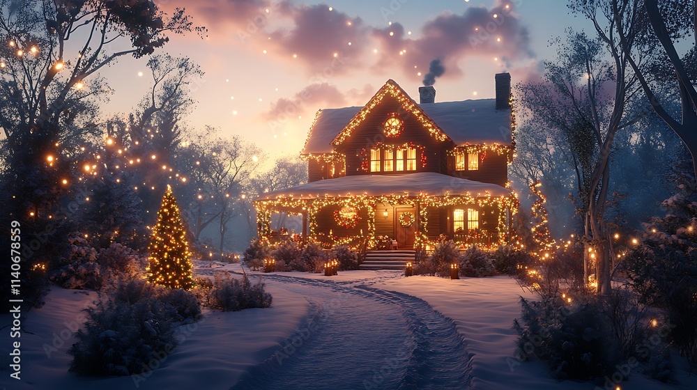 An enchanting holiday scene, a house glowing with festive lights and garlands, vibrant holiday colors, the serene evening sky fading into twilight, cinematic depth, intricate photorealism, An enchanting holiday scene, a house glowing with festive lights and garlands, vibrant holiday colors, the serene evening sky fading into twilight, cinematic depth, intricate photorealism,