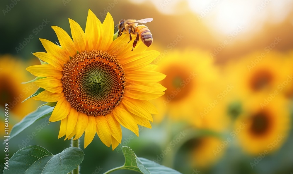 Naklejka premium Closeup of honeybee on yellow sunflower, pollination in bright sunny garden, macro shot, Generative AI
