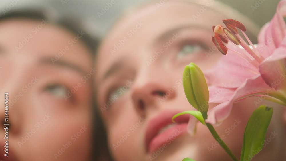 Two beautiful skin care faces multiracial girls women female Caucasian Asian Korean Chinese Japanese indoors holding flowers delicate facial surgery aromatherapy natural eco cosmetic gentle perfume