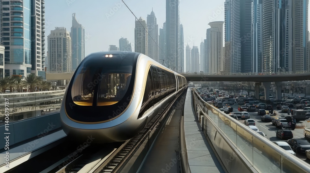 Naklejka premium A sleek high-speed train traveling on tracks through an urban area, with modern buildings and bustling streets in the background