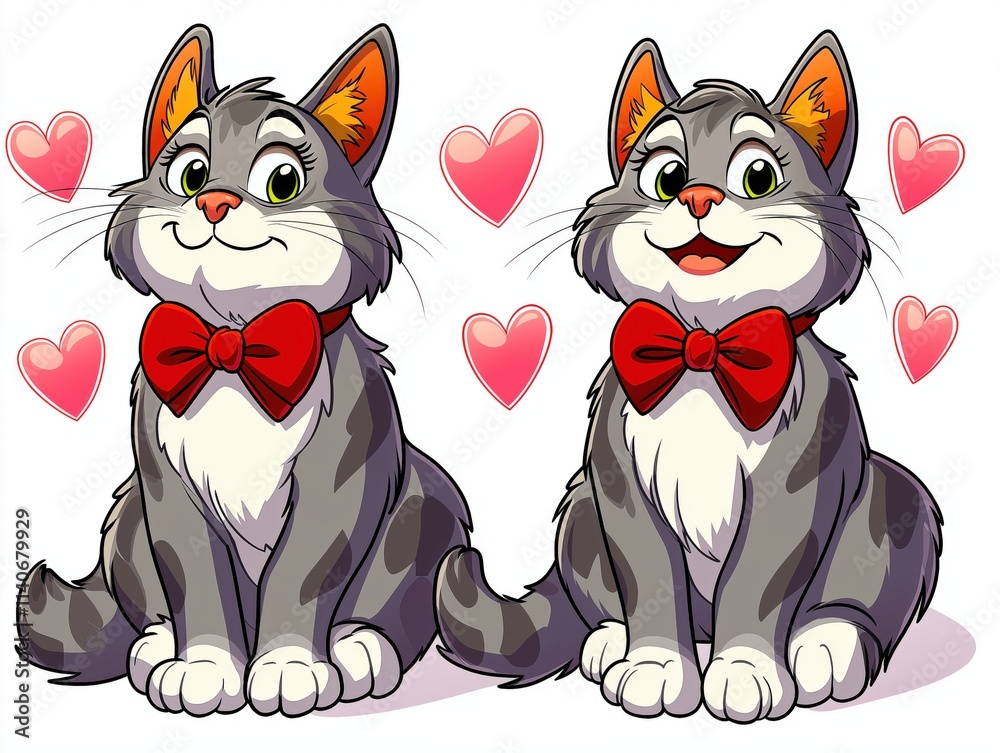Obraz premium Adorable Cats in Love Valentine’s Day Card Heartfelt Greeting Banner Romantic Watercolor Drawing Generative AI 