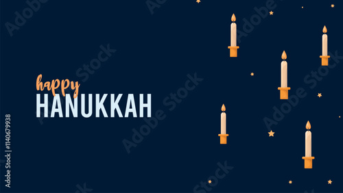 Happy Hanukkah Jewish Holiday Social Media Post Template.Hanukkah on blue horizontal background with holiday candles and stars.Design for Jewish Festival of light. Place for your text.