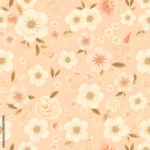 Wallpaper Mural Peachy Floral Dream: A seamless pattern of delicate blush pink and cream flowers, perfect for adding a touch of springtime elegance to any project. Torontodigital.ca