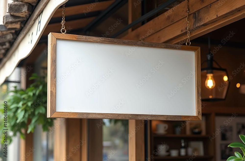 A white blank sign hanging above a café entrance, framed by rustic wooden accents, cafe, restaurant billboard, commercial, advertising, copy space A white blank sign hanging above a café entrance, framed by rustic wooden accents, cafe, restaurant billboard, commercial, advertising, copy space