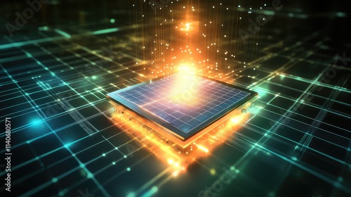 A solar-powered microchip prototype glowing softly, surrounded by holographic energy projections in a futuristic setting