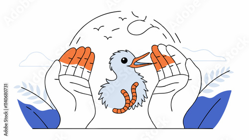 Two hands gently hug a small bird and a big sun and flying birds in the background. The scene is framed by abstract shapes and foliage, creating a sense of harmony and care for nature. AI generated.