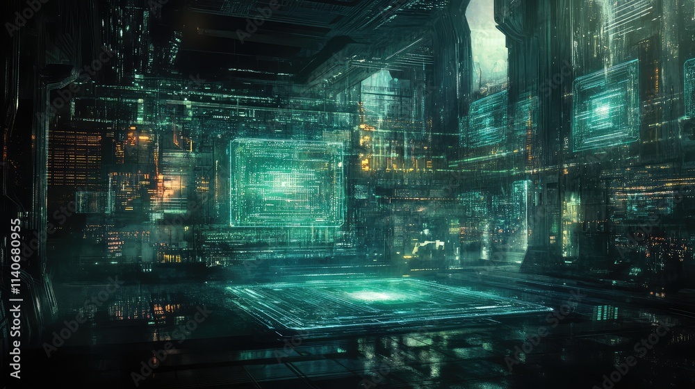 Obraz premium A solar-powered microchip prototype glowing softly, surrounded by holographic energy projections in a futuristic setting