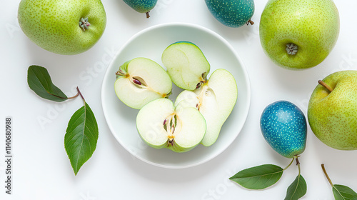 Fresh green apples and blue-toned pears artistically arranged on a sleek white plate, a sliced green apple revealing a stunning cyan core. Ultra-sharp details on fruit skins, minimalist and modern com