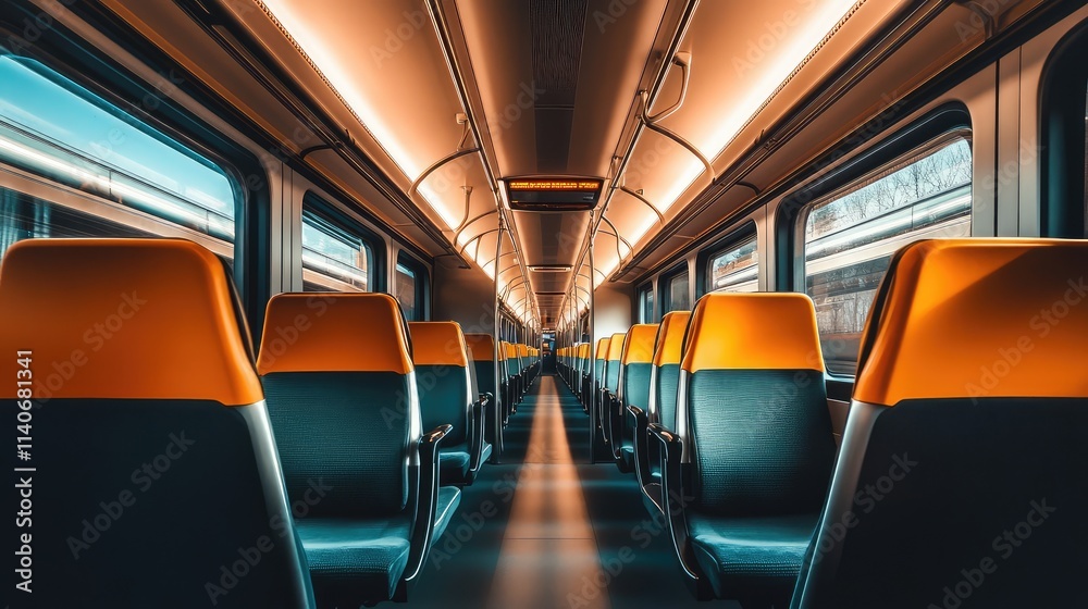 Fototapeta premium A spacious and modern high-speed train interior with ergonomic seats, large windows, and soft ambient lighting