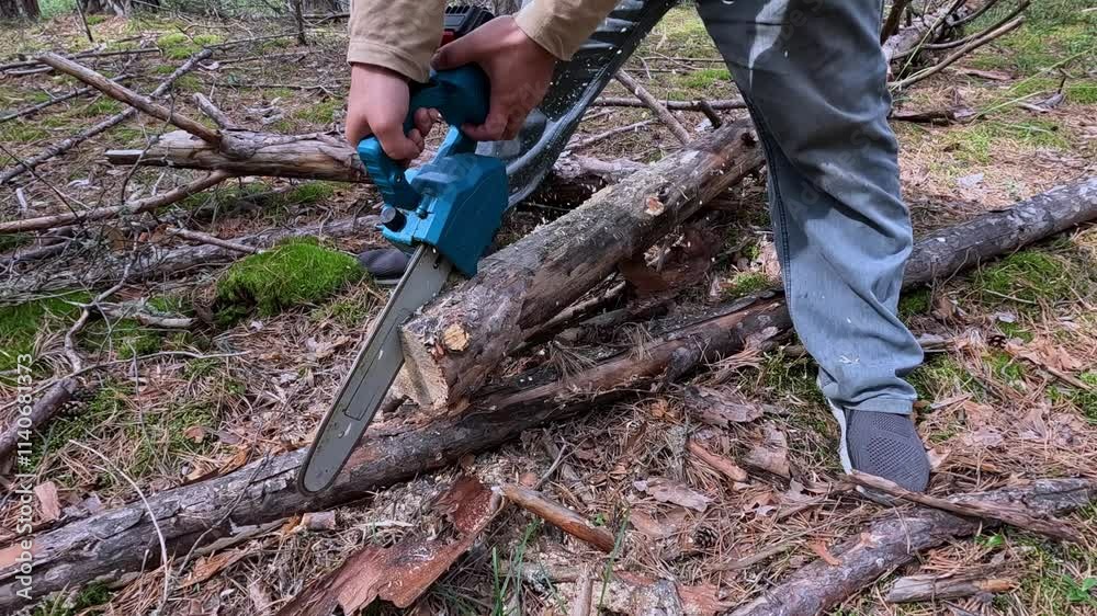 A forester cuts trees with a cordless saw in the forest A forester cuts trees with a cordless saw in the forest