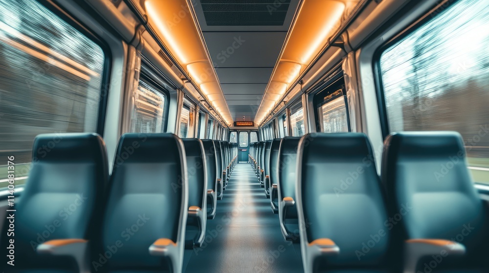 Fototapeta premium A spacious and modern high-speed train interior with ergonomic seats, large windows, and soft ambient lighting