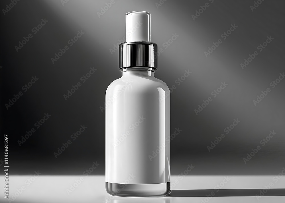 Mockup (white skin care serum bottle) is displayed on a clean background (grey) with realistic details. Mockup (white skin care serum bottle) is displayed on a clean background (grey) with realistic details.
