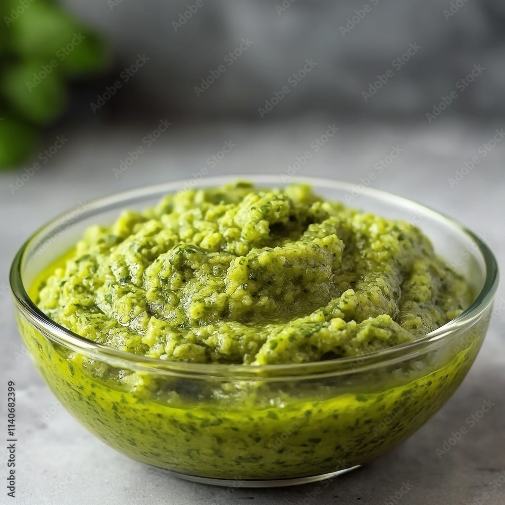 Vibrant green pesto sauce in a glass bowl surrounded by fresh basil leaves Vibrant green pesto sauce in a glass bowl surrounded by fresh basil leaves