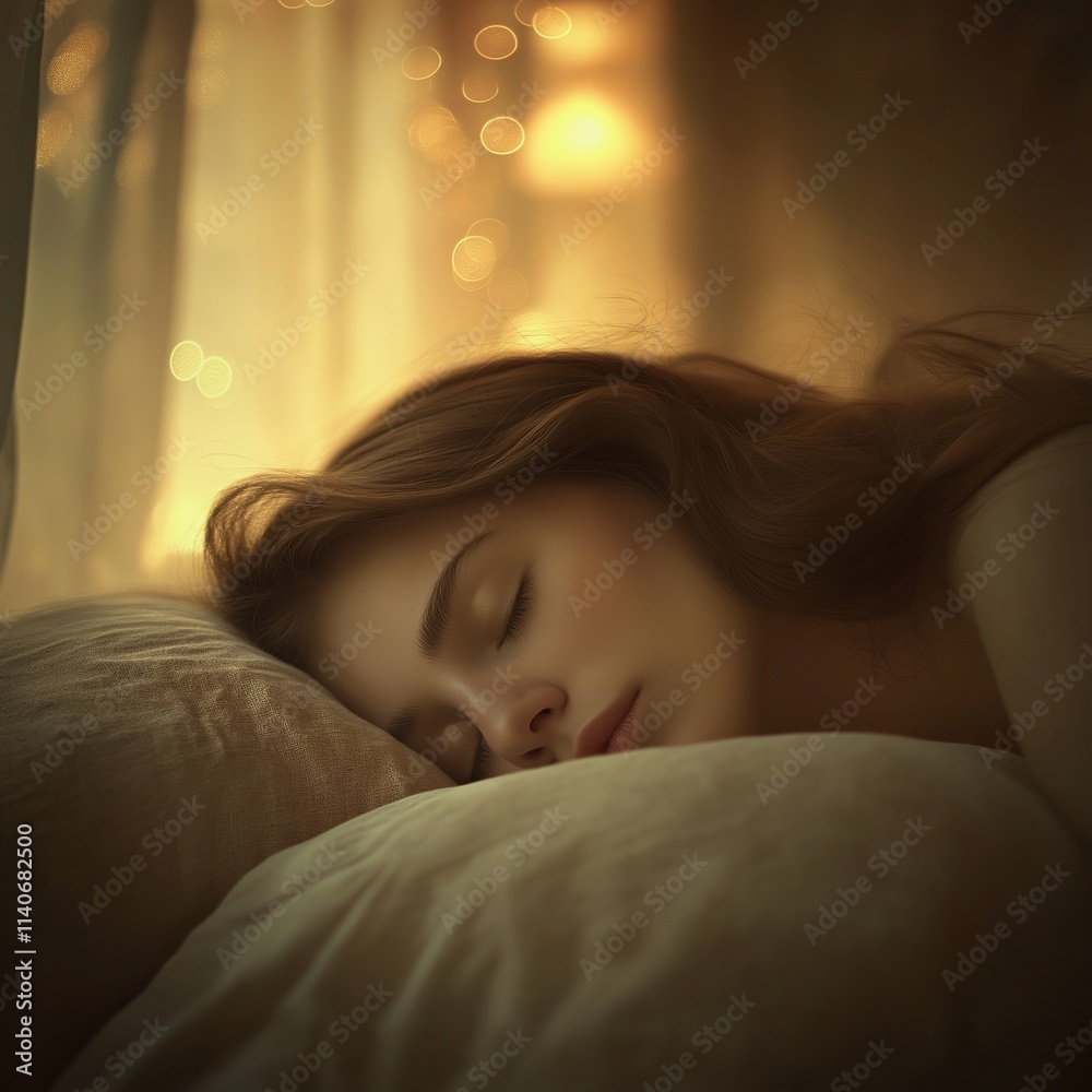 Woman peacefully sleeping on plush pillow, surrounded by a calm, tranquil atmosphere Woman peacefully sleeping on plush pillow, surrounded by a calm, tranquil atmosphere
