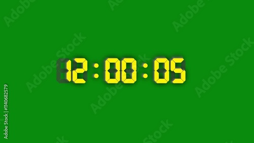 Starting time digital countdown simple clock real timer in one minute or 59 seconds overlay concept. Yellow neon number on isolated green screen background. 4K motion design element.
