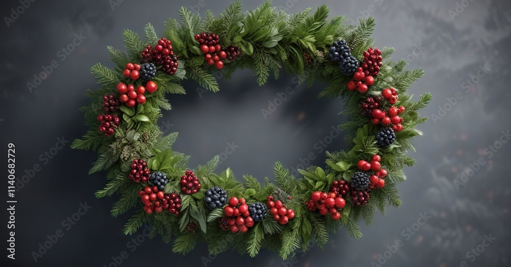 Wreath with a Christmas wreath on top and lush greenery and berries , winter wonderland, evergreen