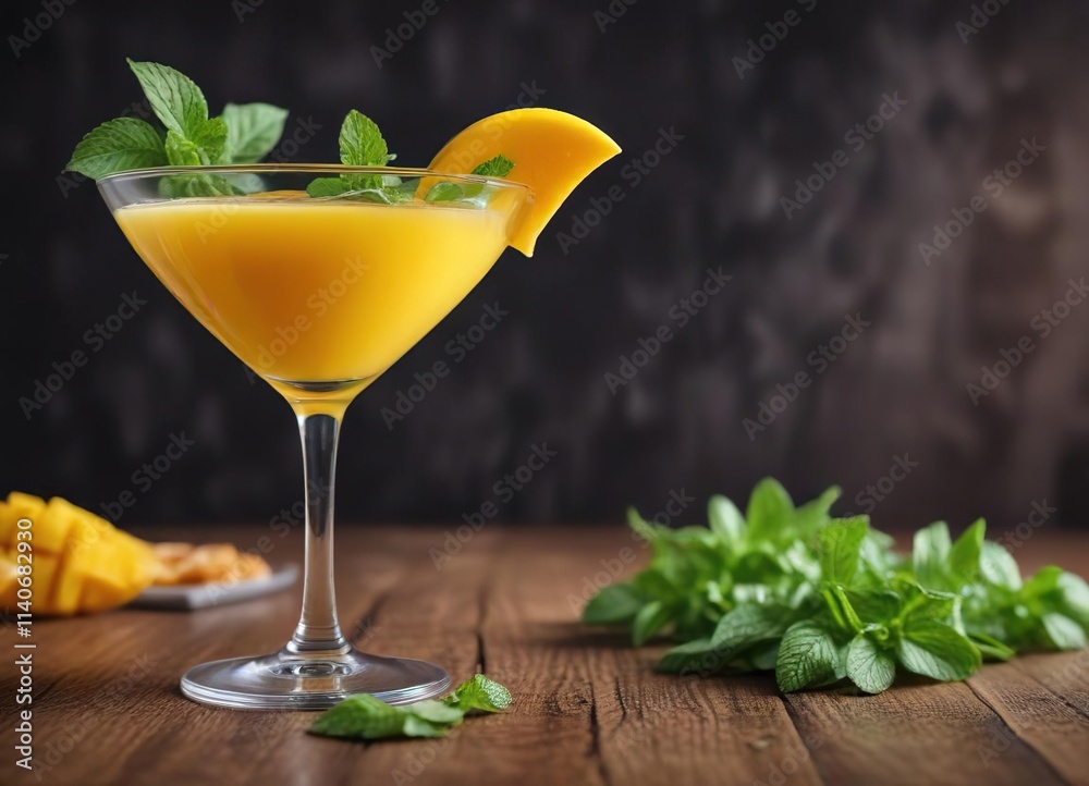 Fototapeta premium Yellow mango cocktail in a chilled martini glass with a sprig of mint , martini, cocktail