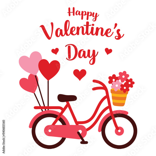 Digital illustration of a pink bicycle carrying a floral basket and heart-shaped balloons, representing love and Valentine's Day celebration.
