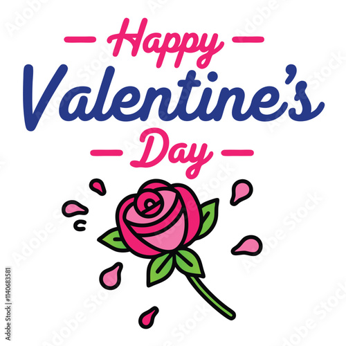 Colorful Valentine's Day greeting featuring a pink rose and vibrant text. Ideal for celebrating love and romance.