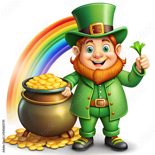st patricks day leprechaun with pot of gold on white background 