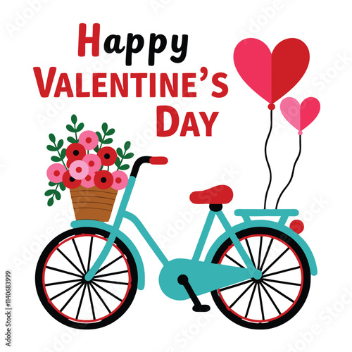 Festive Valentines Day themed illustration featuring a bicycle carrying a basket of flowers and heart-shaped balloons. It conveys love, romance, and celebration on a cheerful and creative design