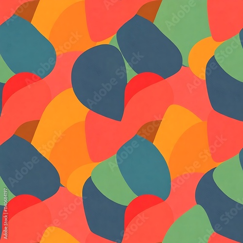 Vibrant Abstract Seamless Pattern: A captivating design featuring overlapping, organic shapes in a rich palette of warm and cool tones. Ideal for textile prints, web backgrounds.