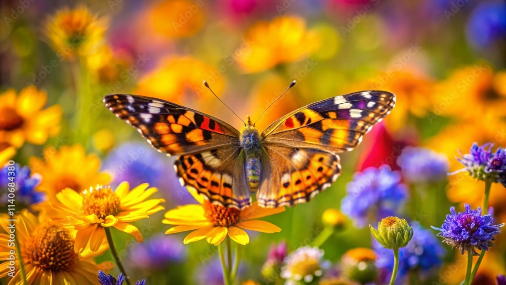 Obraz premium Southern California Springtime Butterfly Migration: Painted Lady on Wildflower