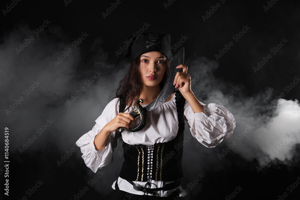 Beautiful young Asian woman dressed as pirate with sword on black background Beautiful young Asian woman dressed as pirate with sword on black background