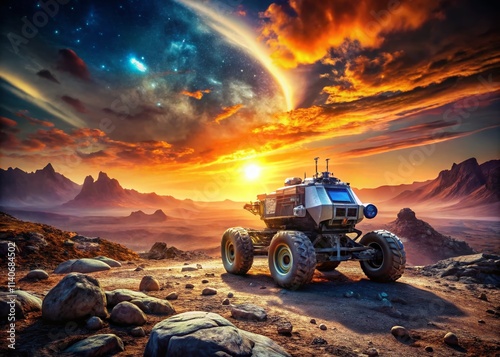 Space Exploration Vehicle Landscape: Martian Rover Sunset, Alien Planet Exploration,  Cosmic Vehicle Adventure photo