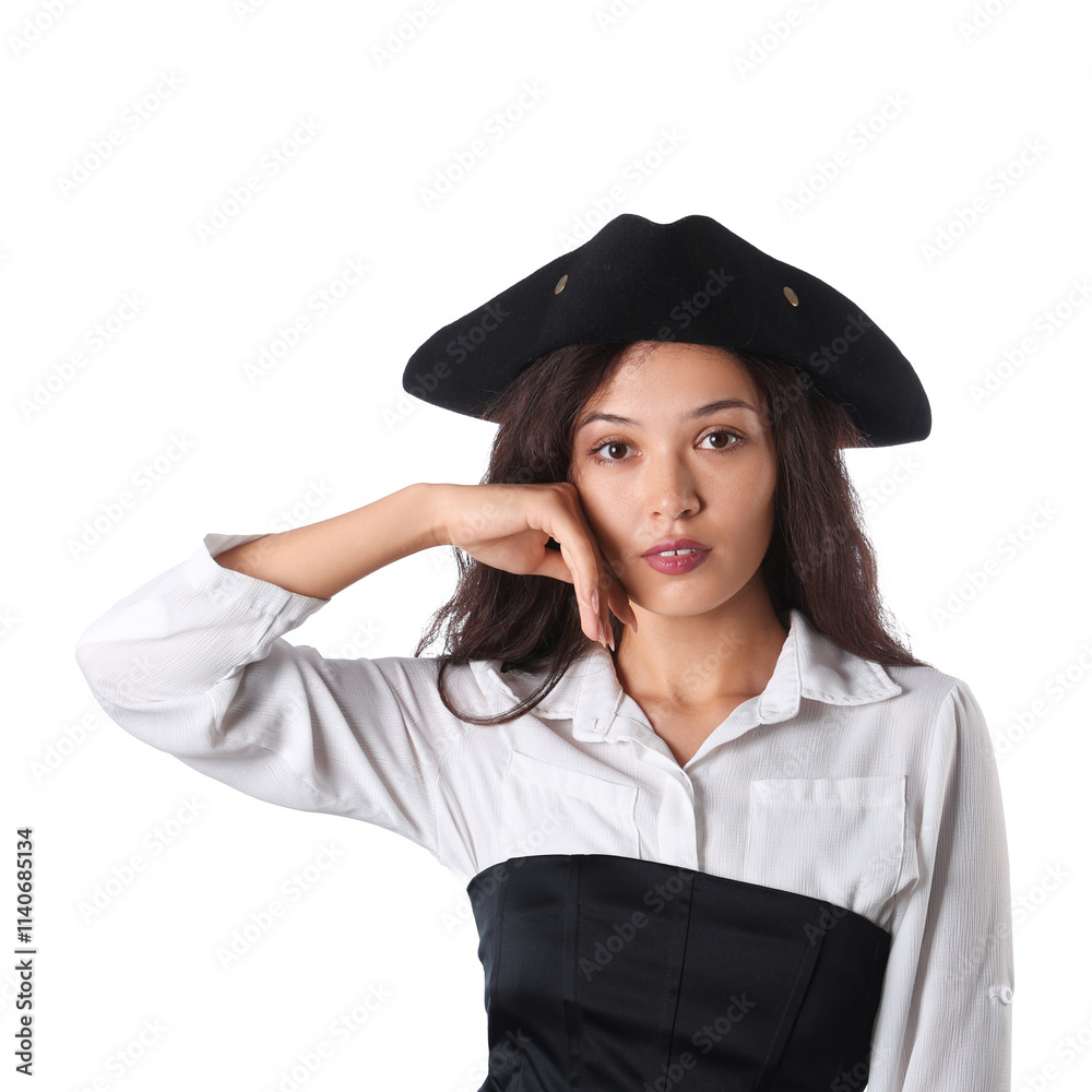 Beautiful young Asian woman dressed as pirate isolated on white background Beautiful young Asian woman dressed as pirate isolated on white background