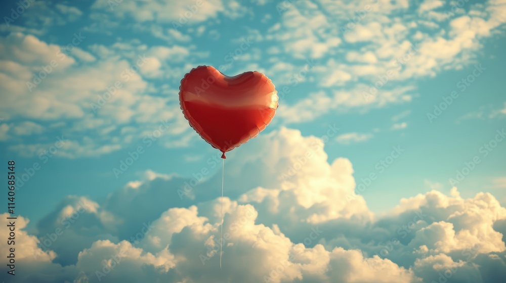 A red heart balloon floating among fluffy white clouds. A red heart balloon floating among fluffy white clouds.
