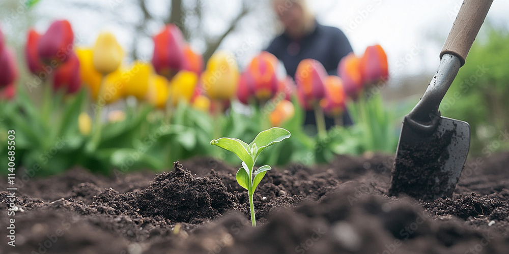 Gardening in springtime with tulips blooming in background Gardening in springtime with tulips blooming in background