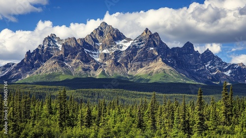 Majestic mountain range with snow-capped peaks and lush green forest.