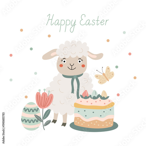 Happy Easter greeting card with a cute smiling lamb, an easter cake, a colorful egg, a butterfly and a flower. Vector illustration and letteringin hand drawn flat style, pastel colors