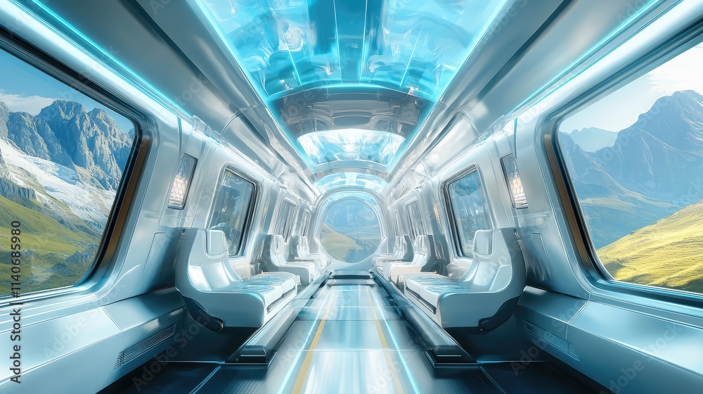 The interior of a futuristic high-speed train, with transparent walls providing a full 360-degree view of the passing landscapes