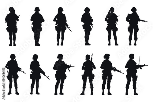 12 Bundle Set of female soldier silhouette vector on white background, person in the army battle, military people concept.