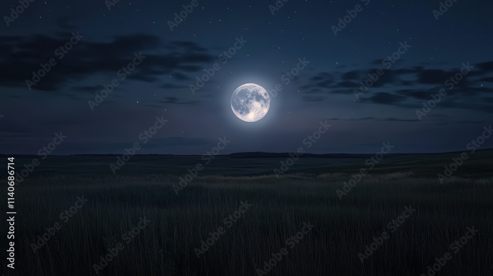 full moon encircled by a faint halo, illuminating a quiet prairie under the vast night sky full moon encircled by a faint halo, illuminating a quiet prairie under the vast night sky