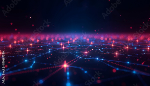 A futuristic digital grid with glowing nodes, vibrant neon colors, and a dark gradient background. Incorporate subtle data streams or digital waveforms for depth