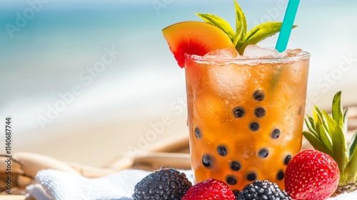 Refreshing Summer Cocktail with Fruit and Bubbles by the Beach photo