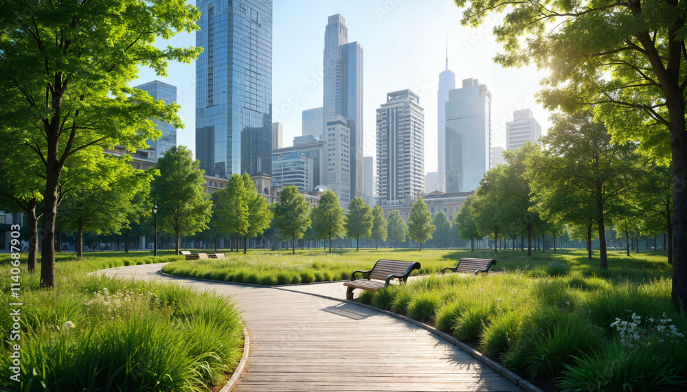 A vibrant urban park with modern skyscrapers in the background. Well-maintained pathways, benches, and lush greenery, bathed in soft morning light A vibrant urban park with modern skyscrapers in the background. Well-maintained pathways, benches, and lush greenery, bathed in soft morning light