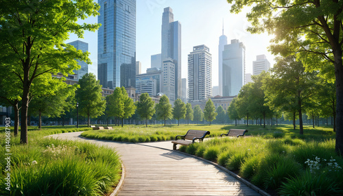 A vibrant urban park with modern skyscrapers in the background. Well-maintained pathways, benches, and lush greenery, bathed in soft morning light