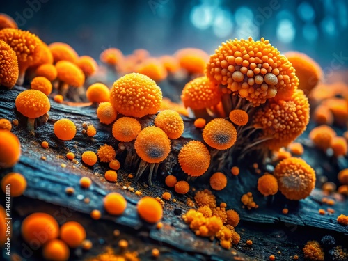 Spore Bloom: Surreal Orange Mold Landscape Photography, Macro Fungi, Decaying Citrus, Nature's Abstract Art, Mycological Photography photo