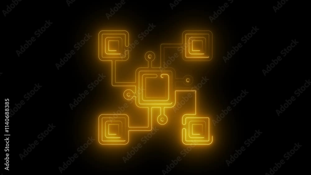 Technology icon animation by yellow color neon on black background. Technology icon animation by yellow color neon on black background.