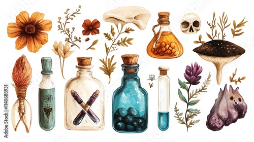 A collection of mystical potion bottles and natural elements. photo