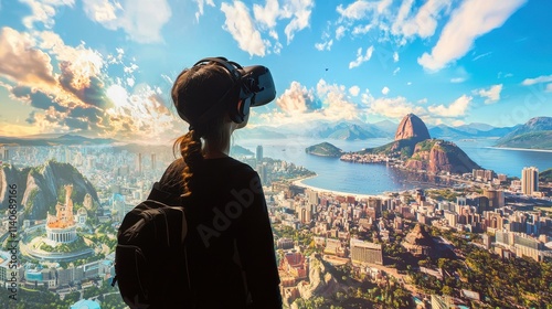 17120238 358 A person experiencing virtual tourism in the Metaverse, visiting digital versions of famous landmarks and destinations around the world with immersive 3D environments