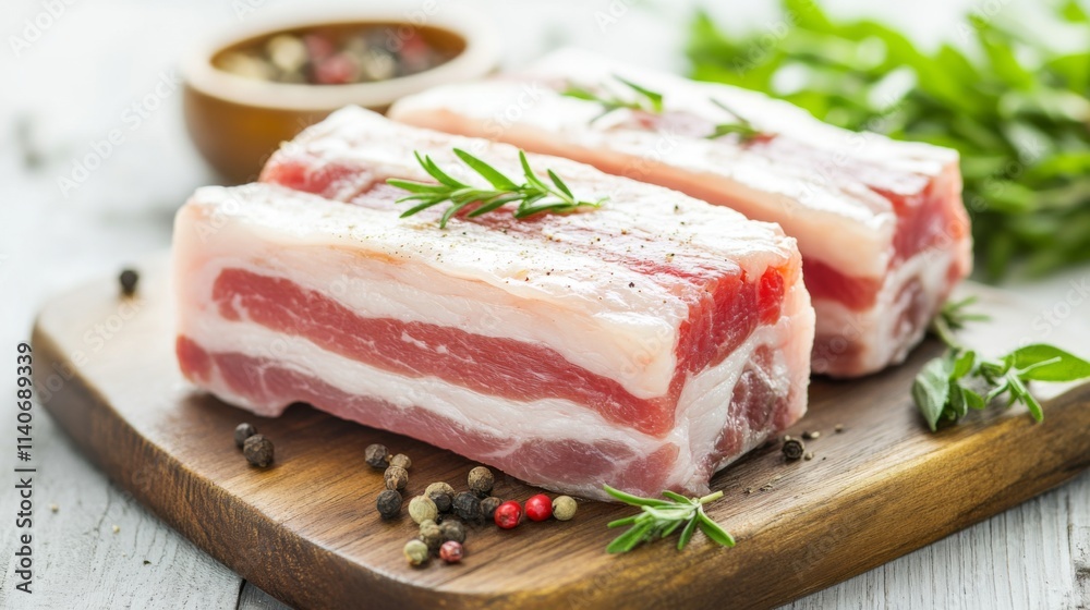 Fresh Raw Pork Belly on Wooden Board with Herbs and Spices Fresh Raw Pork Belly on Wooden Board with Herbs and Spices