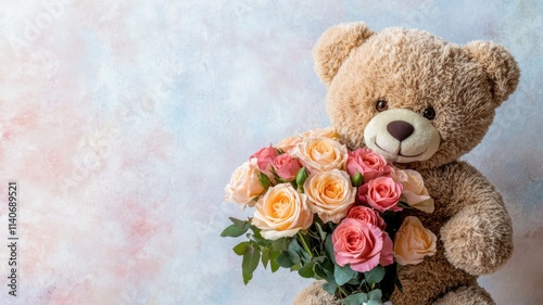 Soft teddy bear and roses, sweet Valentine's Day expression of love. Valentine's Day