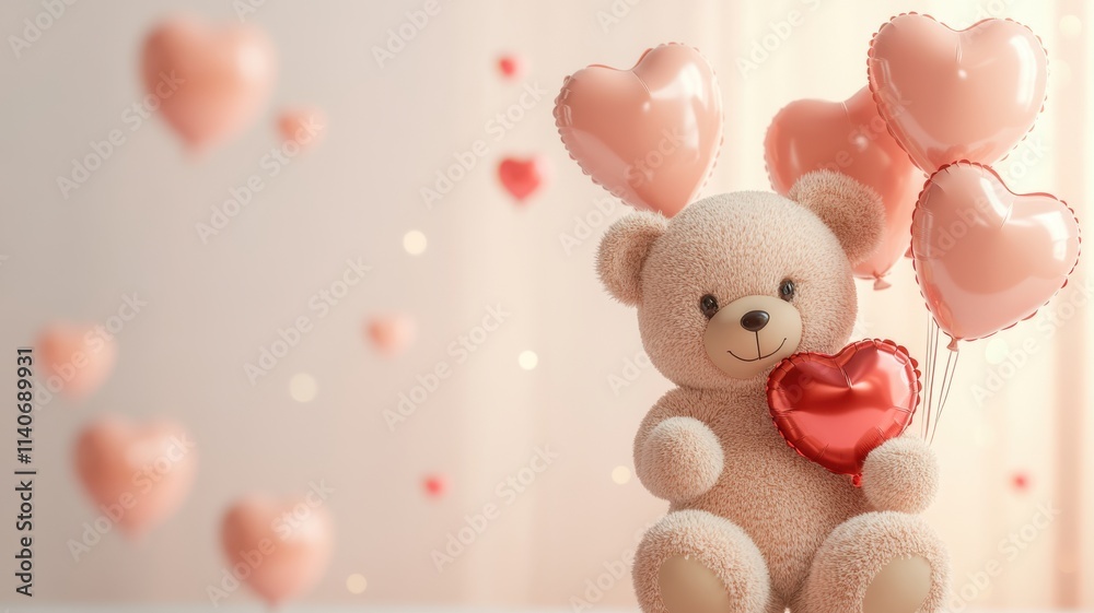 Plush teddy bear holding balloons, playful and romantic Valentine's setting. Valentine's Day Plush teddy bear holding balloons, playful and romantic Valentine's setting. Valentine's Day