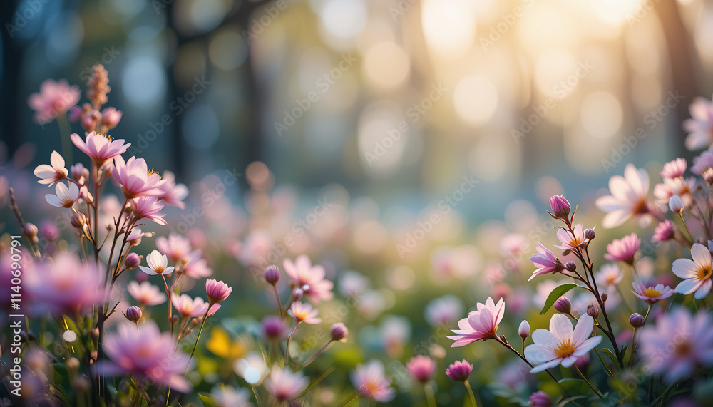 Obraz premium Beautiful colourful flowers are blooming in a vibrant, dreamlike garden, with soft bokeh and sparkling particles creating a magical atmosphere.